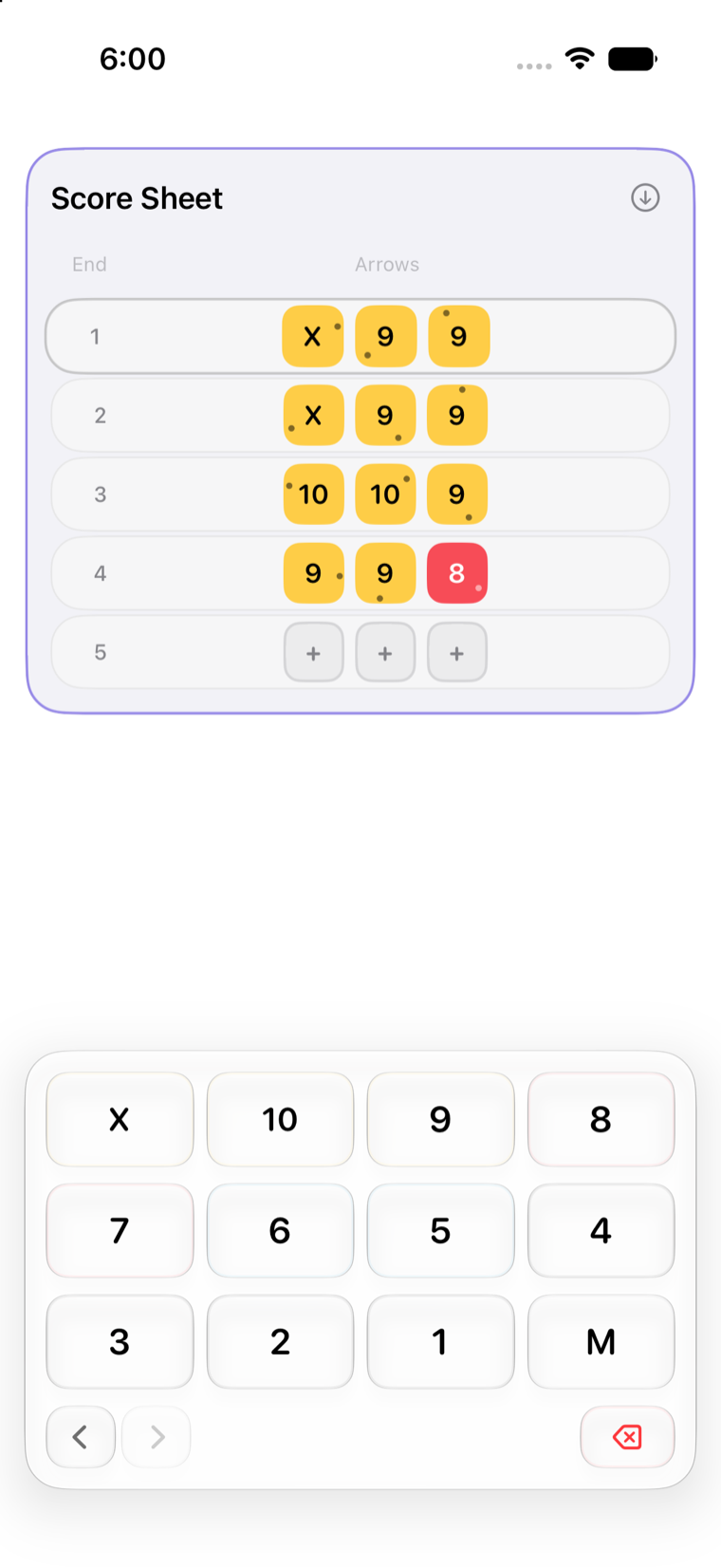 The same score sheet in Focus Mode, with totals and averages hidden.