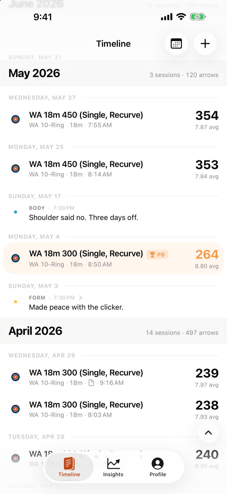 A body note, a personal best, and the note Made peace with the clicker, together in the Timeline.